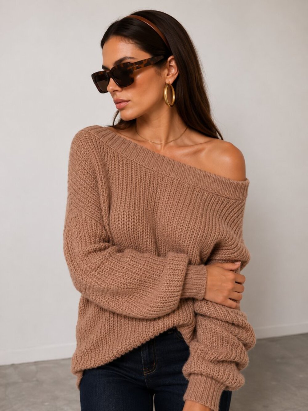 Tan Off Shoulder Chunky Knit Sweater Puff Sleeve NWT